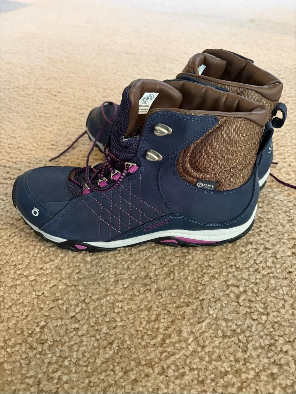 Oboz Women’s Navy and Brown Waterproof Hiking Boots. Size 9.5.